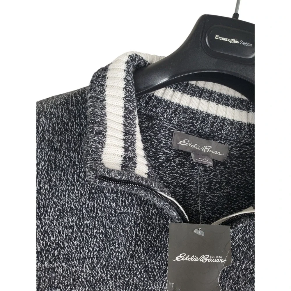Eddie Bauer Cotton Rag 1/4 Zip Knit Sweater Mens XL Black White Pullover NWT